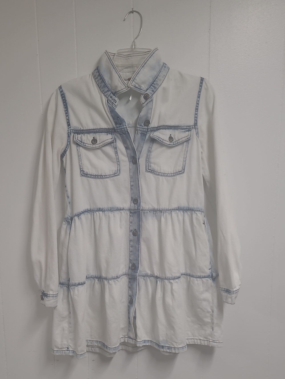 Free People Nicole Long-Sleeve, Tiered Denim Mini Dress White/Blue Sz Small